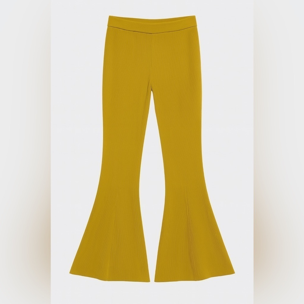 Tanya Taylor mustard high rise ribbed pants flare kick crop stretch